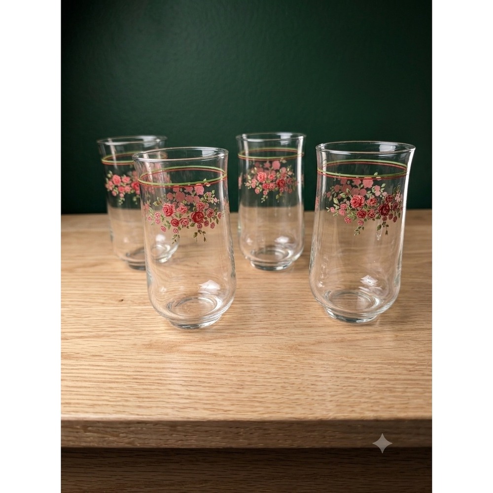 Vintage MCM Libby Pink‎ Rose Floral Tumblers - Set of 4